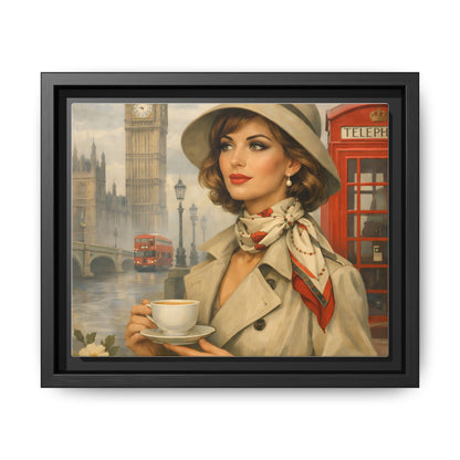 Elegant vintage woman drinking tea in front of Big Ben in London, retro British travel fashion illustration Matte Canvas