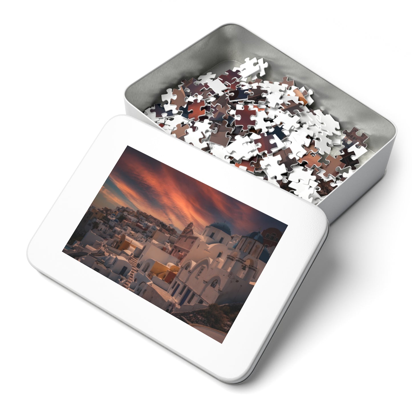Santorini Sunset Jigsaw Puzzle, Oia Greece Blue Dome Game, Dreamy Mediterranean Sky Art, Greek Island Travel Gift, Aesthetic Scenic Puzzle