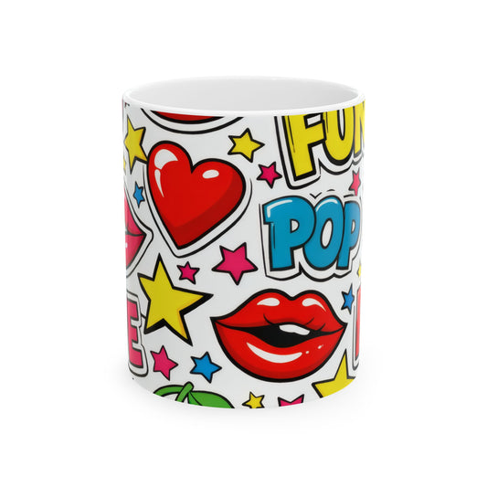 Pop Art Comic Ceramic Mug | Fun Hearts & Lips Coffee Cup (11oz, 15oz)
