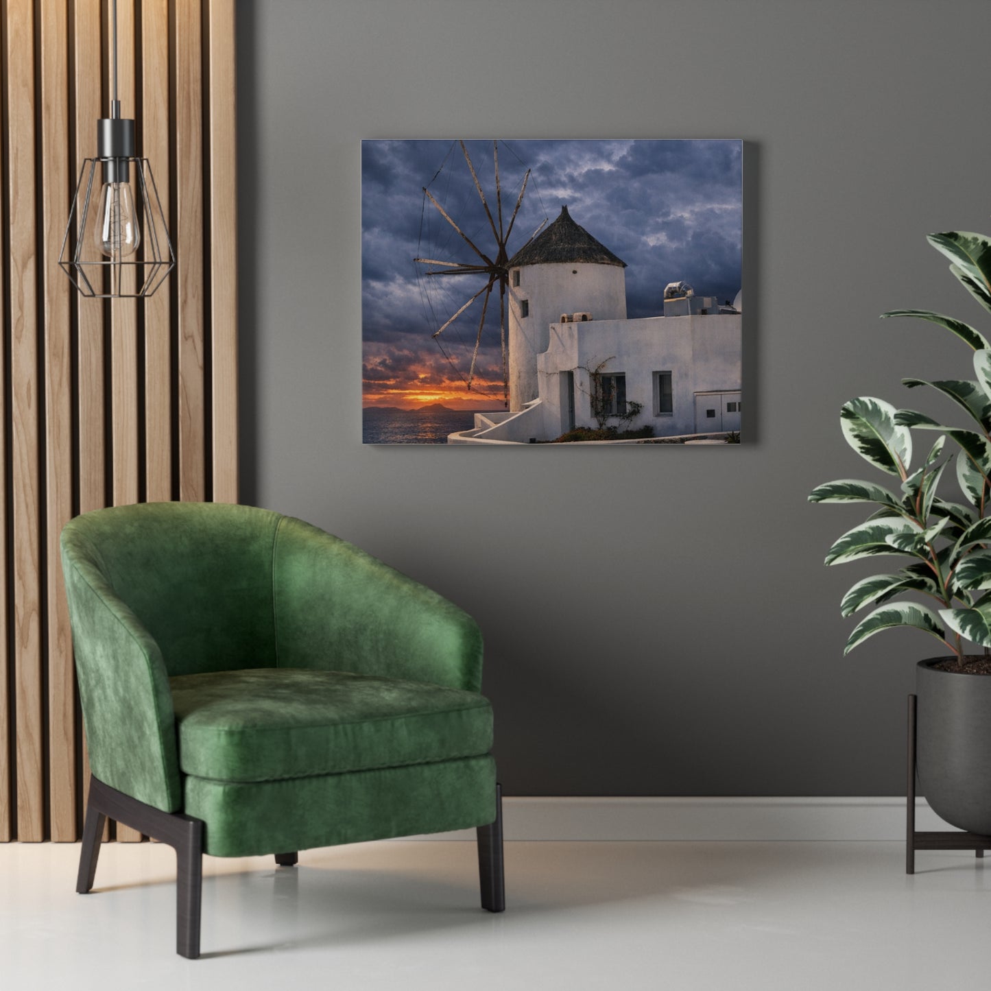 Santorini Windmill Coastal Sunset Stretched Canvas | Greek Island Seascape