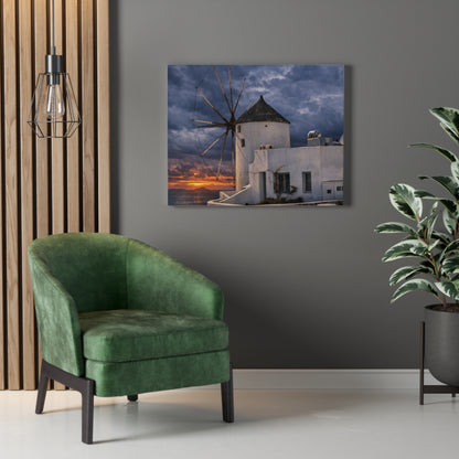 Santorini Windmill Coastal Sunset Stretched Canvas | Greek Island Seascape