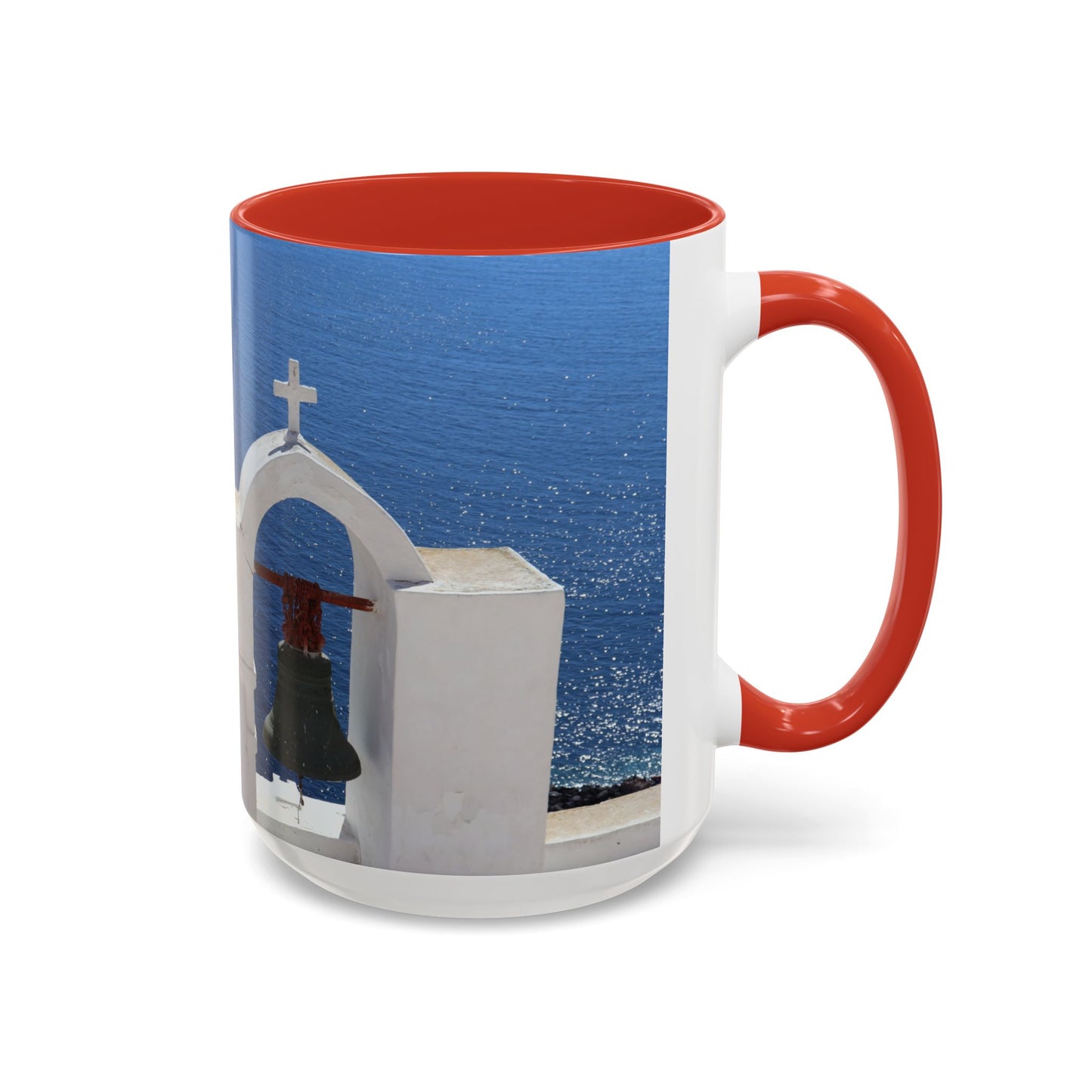 Santorini Bell Towers coffee mug | Greek island scene, blue sea accent mug