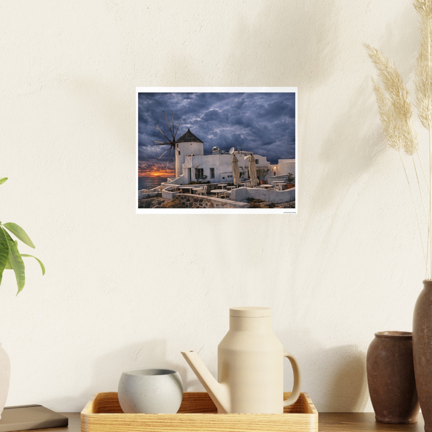 Oia Santorini Windmill Sunset Poster — Mediterranean Landscape Photo Art Print