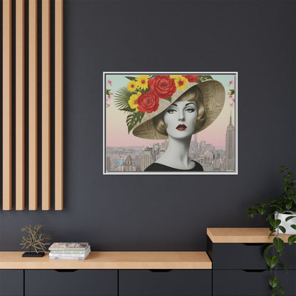 Blonde Lady with Floral Hat in New York — Vintage Pop Art Empire State Framed Canvas