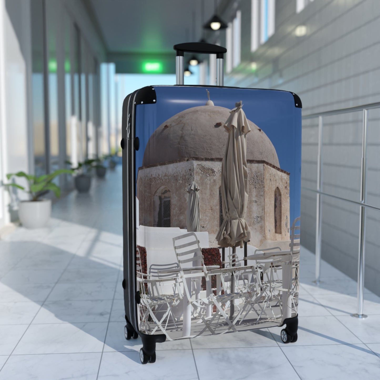 Luxury Santorini Oia Suitcase — Ghost City Edition — Empty Cafe & Ancient Dome Photography