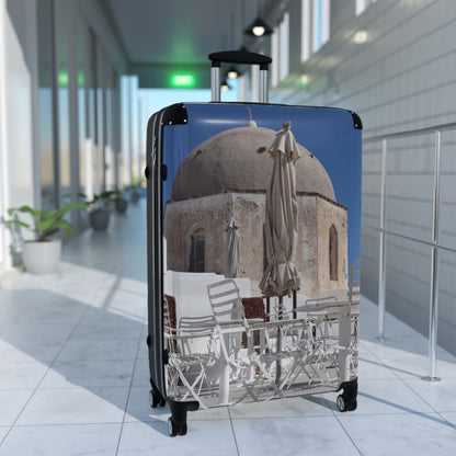 Luxury Santorini Oia Suitcase — Ghost City Edition — Empty Cafe & Ancient Dome Photography