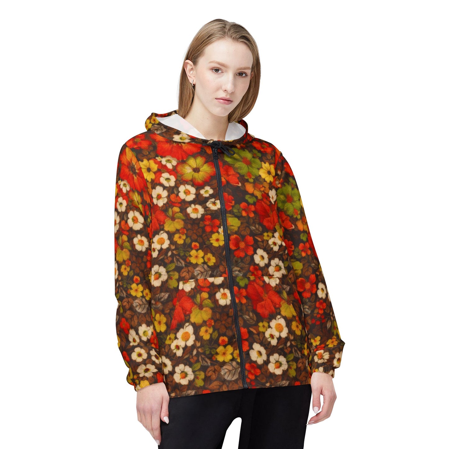 Floral Fall Windbreaker Jacket — Retro Orange & Brown All-Over Print