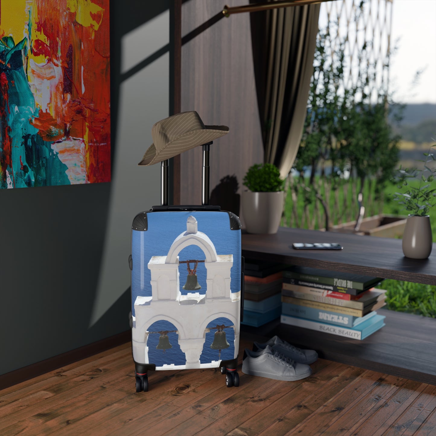 Luxury Santorini Oia Suitcase - Ghost City Edition - Triple Bell Tower Photography - Exclusive Greek Island Travel Bag