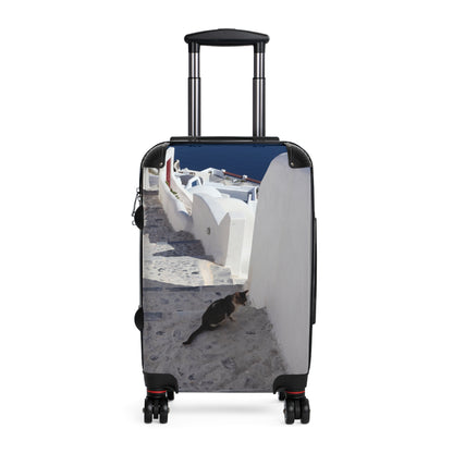 Luxury Santorini Oia Suitcase — Ghost City Edition — Lone Cat on Empty Streets Photography