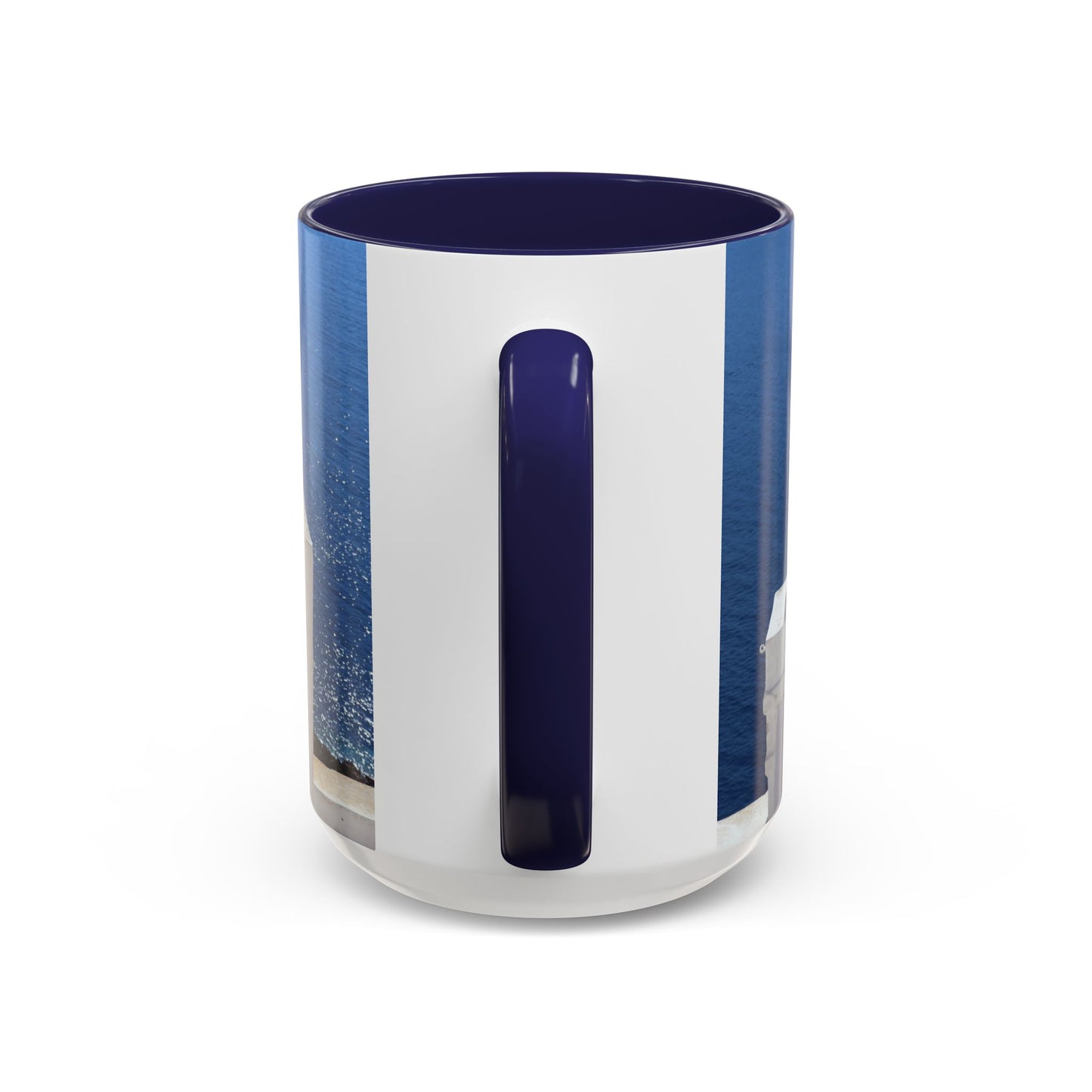 Santorini Bell Towers coffee mug | Greek island scene, blue sea accent mug