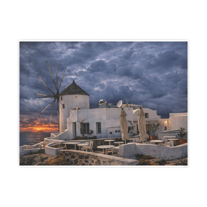 Oia Santorini Windmill Sunset Poster — Mediterranean Landscape Photo Art Print