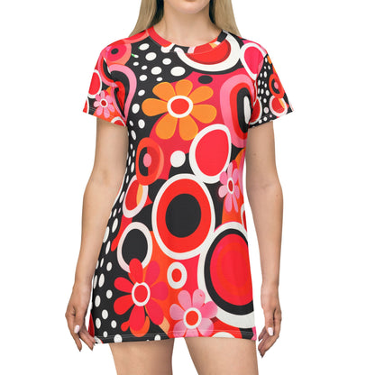 Retro Floral Circle Print T‑Shirt Dress — Bold 60s-Inspired AOP
