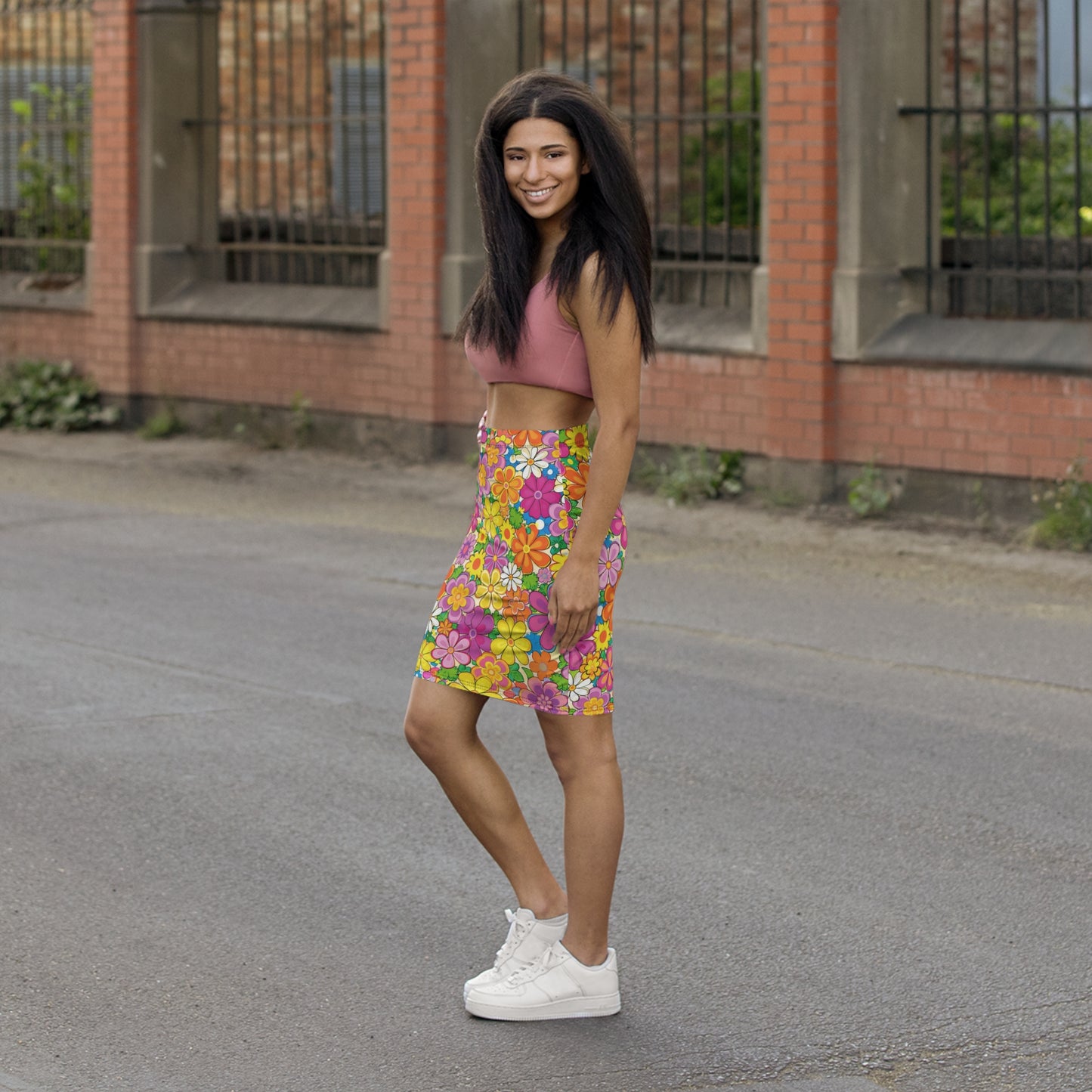 Retro Floral Pencil Skirt — Bright 60s Flower Power Print
