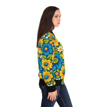 Floral Bomber Jacket — Retro Yellow & Blue Flower All-Over Print