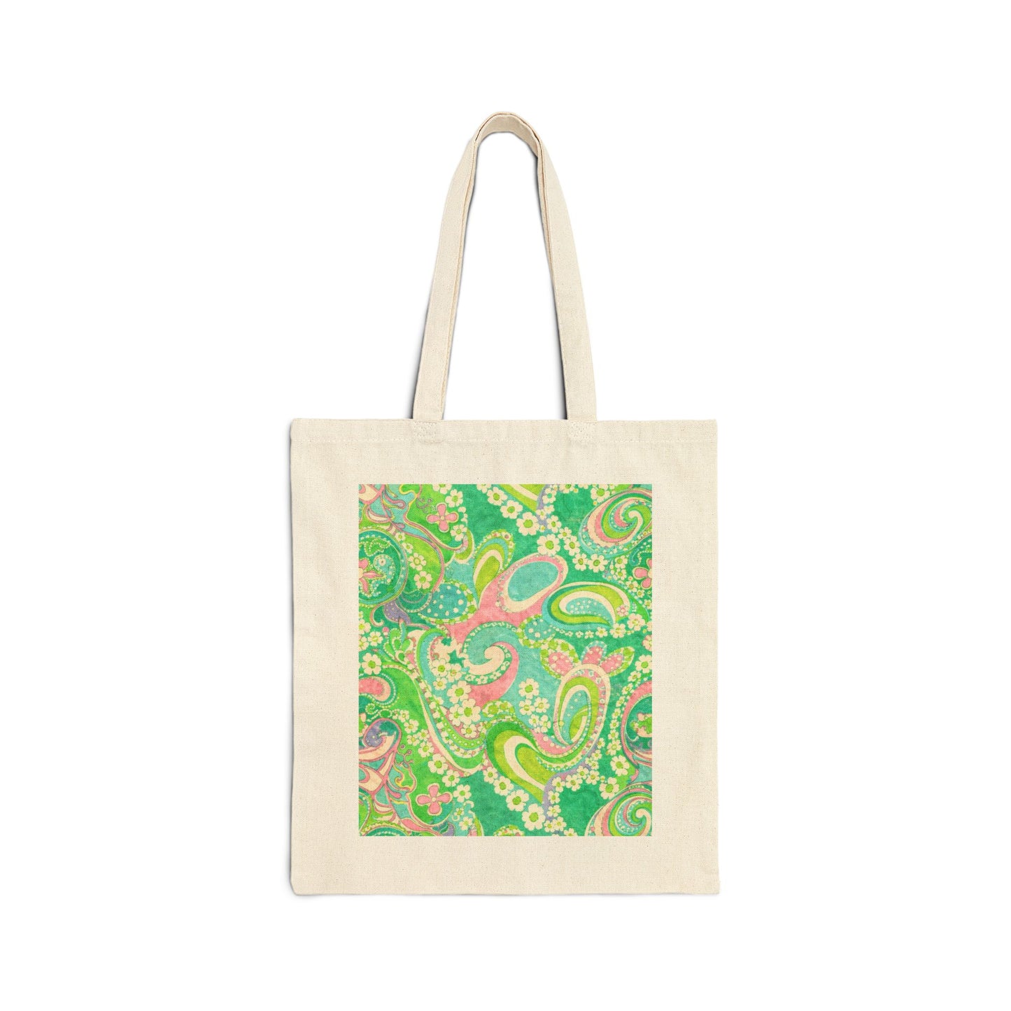 Green Paisley Canvas Tote Bag — Retro Floral Eco Shopping Tote