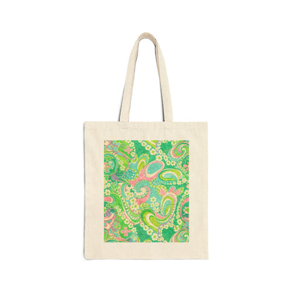 Green Paisley Canvas Tote Bag — Retro Floral Eco Shopping Tote