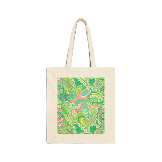 Green Paisley Canvas Tote Bag — Retro Floral Eco Shopping Tote