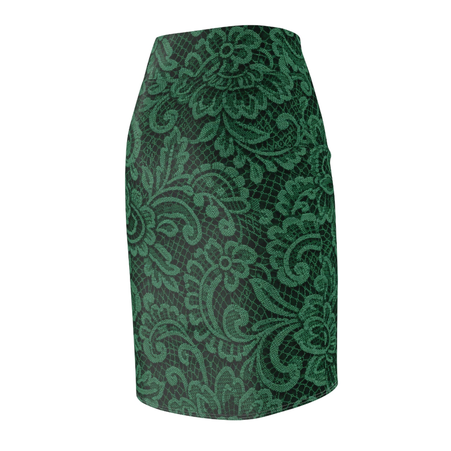 Emerald Lace Pencil Skirt — Elegant Floral Print AOP