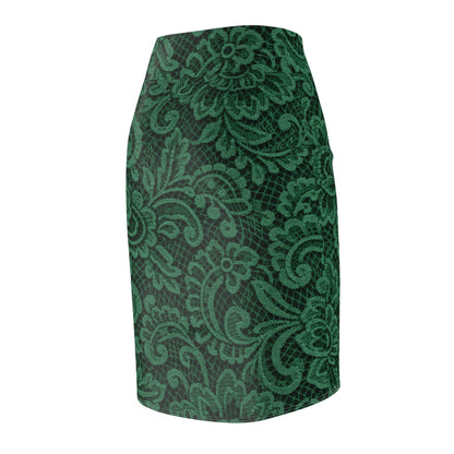 Emerald Lace Pencil Skirt — Elegant Floral Print AOP