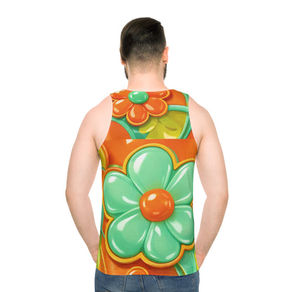 Retro Orange Green Floral Tank Top | Bright Flower Pattern All-Over Print
