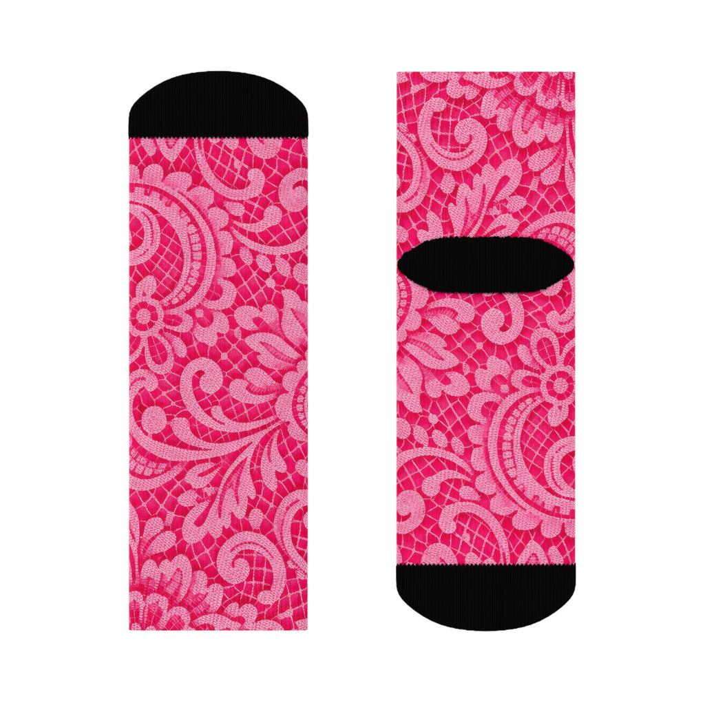 Pink Paisley Crew Socks — Floral Patterned Casual Socks for Women