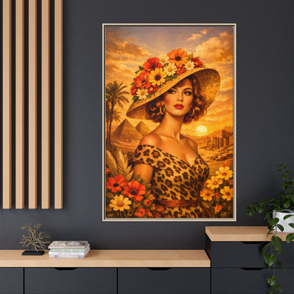 Elegant glamorous vintage woman in Egypt front of Giza pyramids at sunset, retro safari travel fashion illustration, Framed