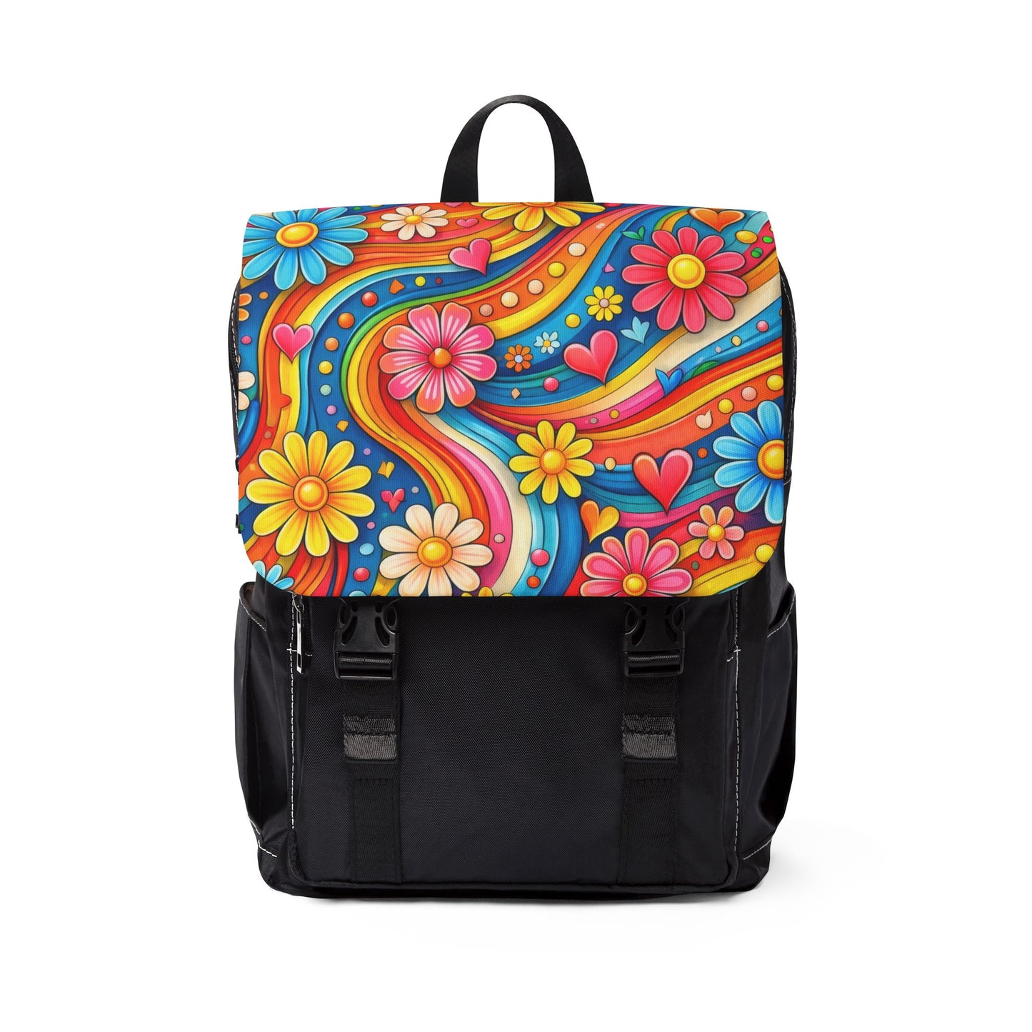 Retro Floral Groove Backpack - Colorful 70s Flower Power Shoulder Bag
