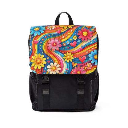Retro Floral Groove Backpack - Colorful 70s Flower Power Shoulder Bag