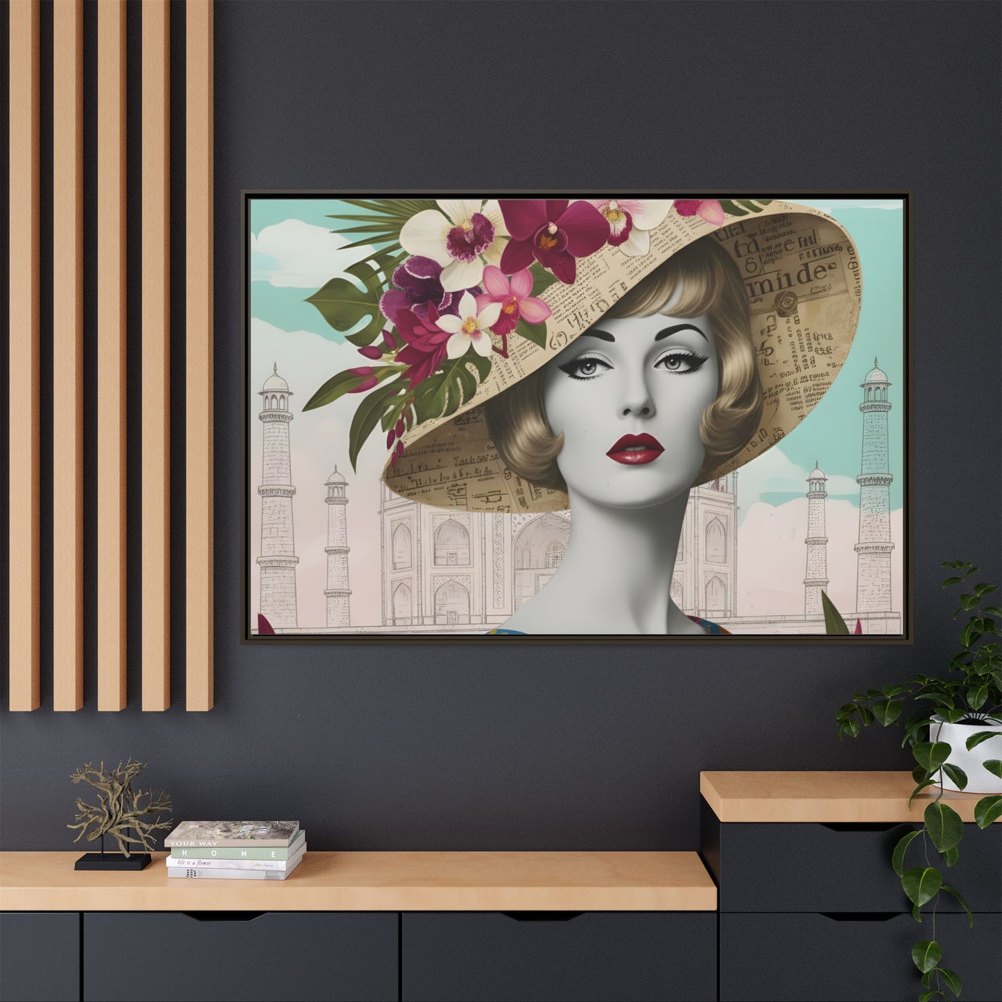 Elegant vintage pop art woman in front of Taj Mahal in India Canvas Wall Art