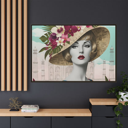 Elegant vintage pop art woman in front of Taj Mahal in India Canvas Wall Art