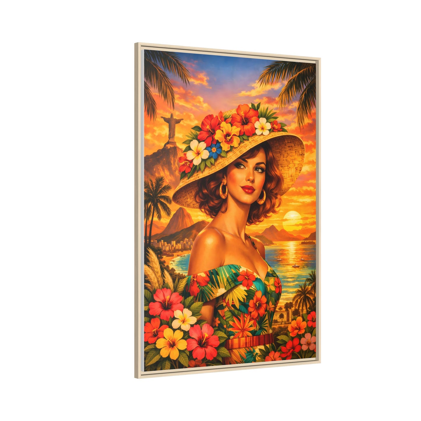 Elegant glamorous vintage woman in Rio de Janeiro front of Christ the Redeemer statue, retro Brazilian travel fashion illustration Canvas — Framed