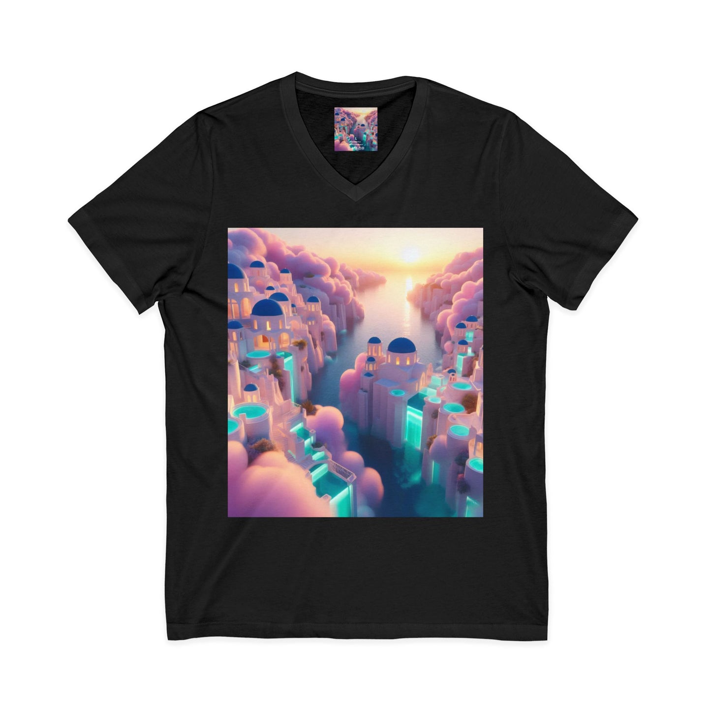 Dreamscape Sunset V-Neck Tee — Floating City Cloudscape Graphic Tee