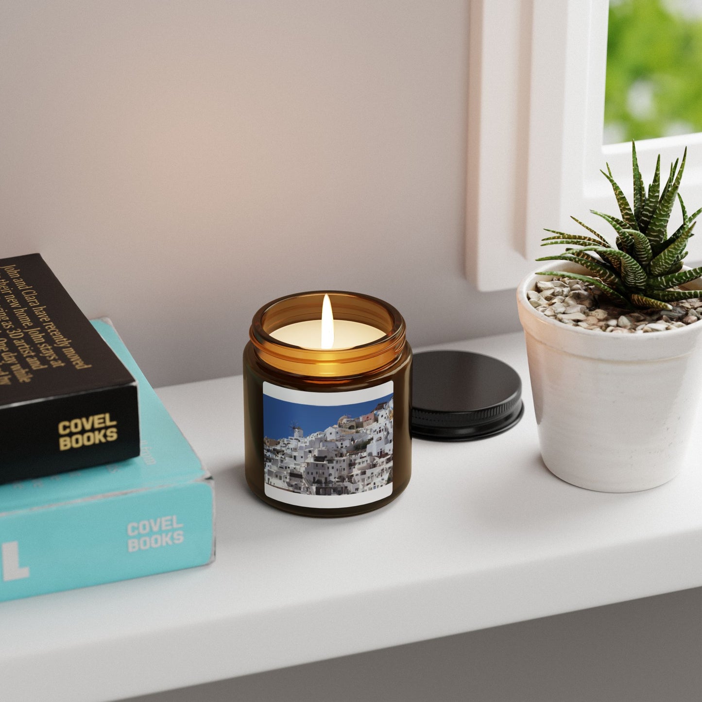 Santorini Village Photo Candle — Soy Wax Amber Jar