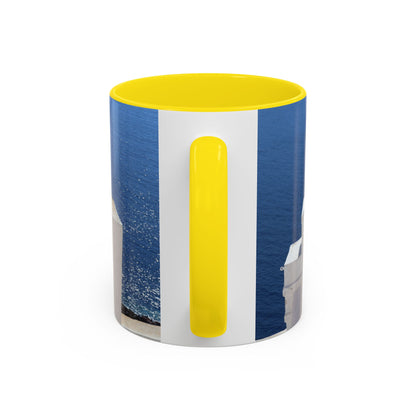 Santorini Bell Towers coffee mug | Greek island scene, blue sea accent mug