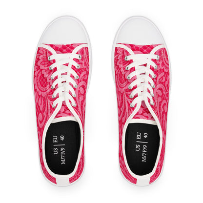 Pink Floral Lace Pattern Women's Low Top Sneakers — Casual Canvas Shoes for Spring & Everyday Wear