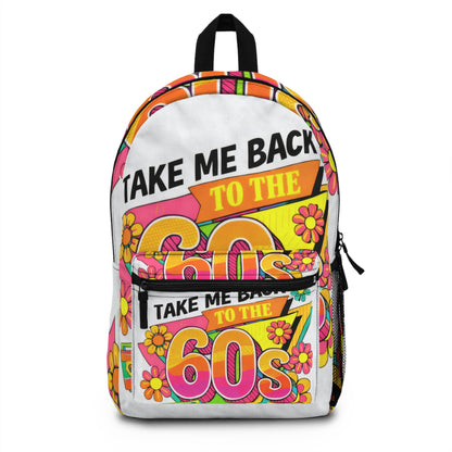 60s Retro Backpack — "Take Me Back to the 60s" Psychedelic Floral School/Travel Bag