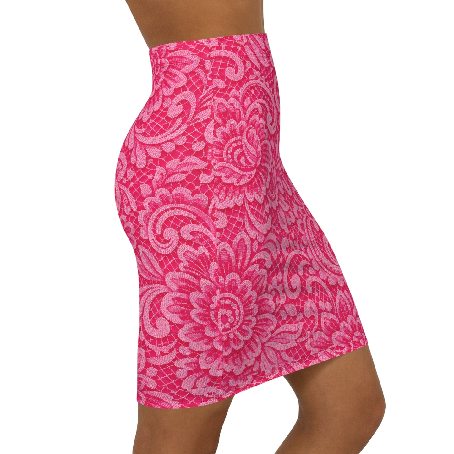 Pink Floral Lace-Pattern Pencil Skirt — Womens Mid-Waist Bodycon