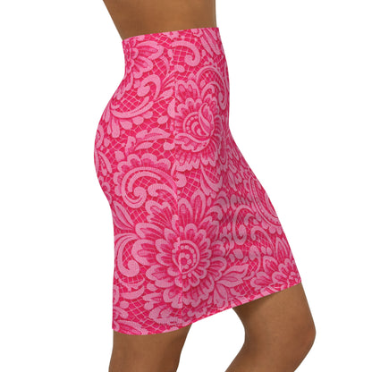 Pink Floral Lace-Pattern Pencil Skirt — Womens Mid-Waist Bodycon
