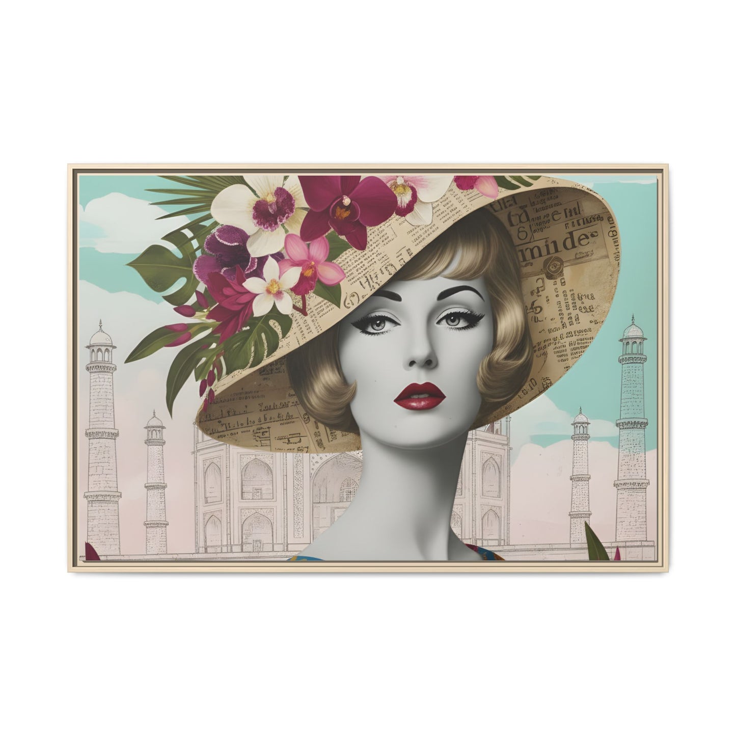 Elegant vintage pop art woman in front of Taj Mahal in India Canvas Wall Art