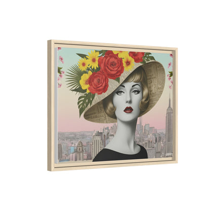 Blonde Lady with Floral Hat in New York — Vintage Pop Art Empire State Framed Canvas
