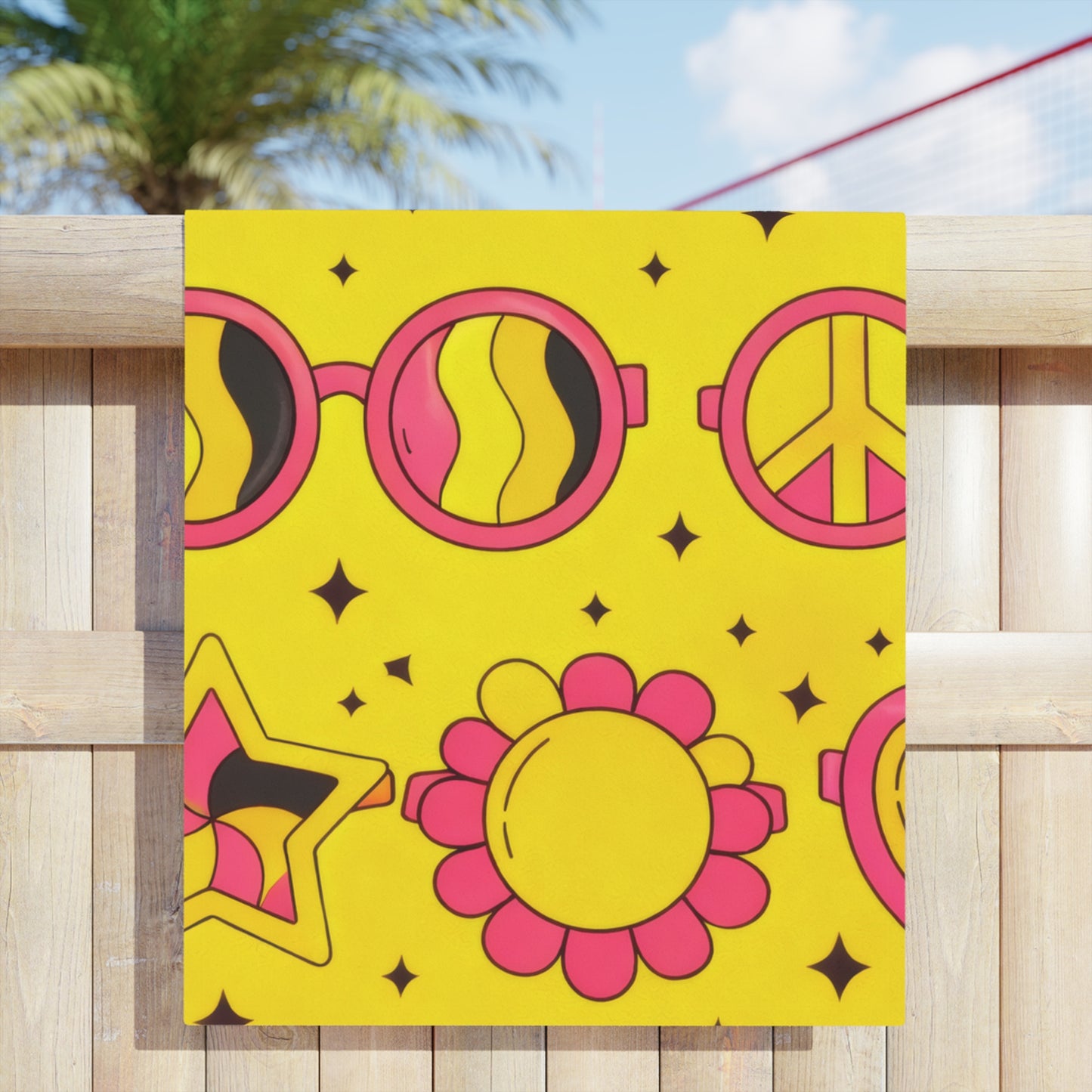 Retro Peace & Love Beach Towel — Yellow Floral Heart Paisley Pattern