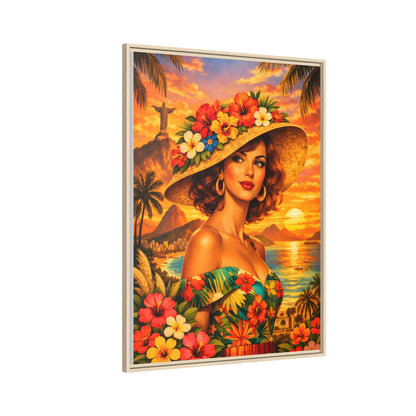 Elegant glamorous vintage woman in Rio de Janeiro front of Christ the Redeemer statue, retro Brazilian travel fashion illustration Canvas — Framed