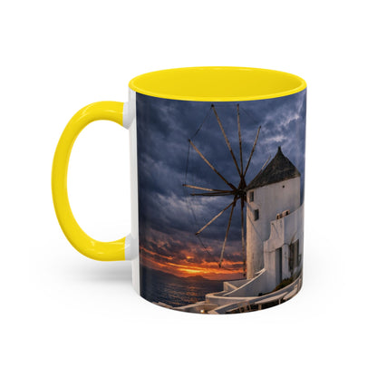 Santorini Windmill Sunset Accent Coffee Mug | Island Nightscape Greek Travel Gift | Unique Ceramic Mug