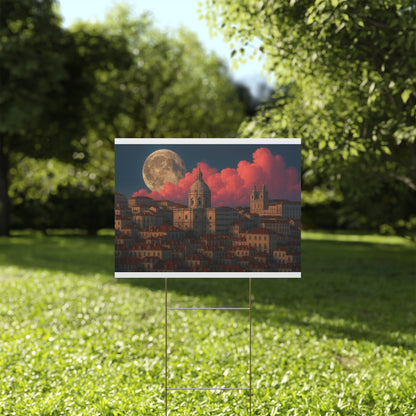 Moonlit Cityscape Plastic Yard Sign — Full Moon Over Sunset Clouds