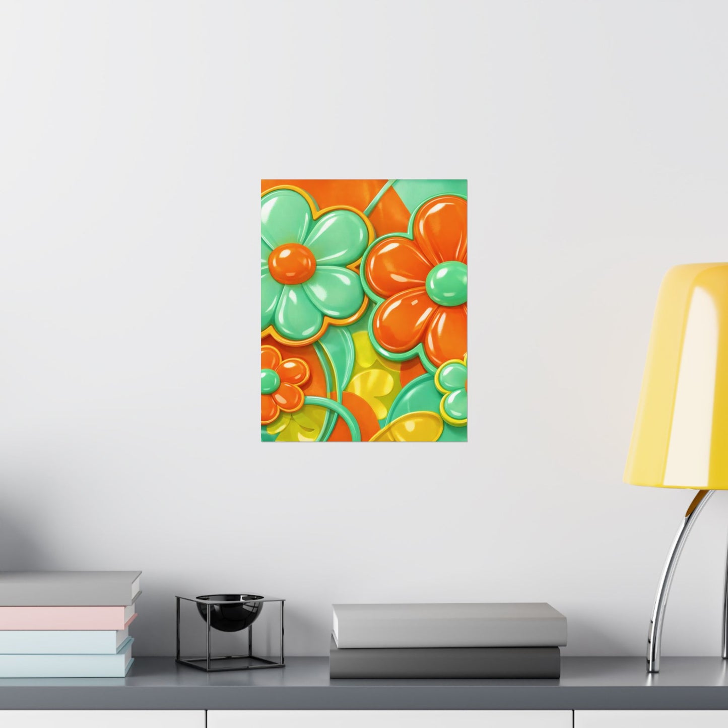 Retro Orange Teal Flower Pattern Poster | Satin Poster
