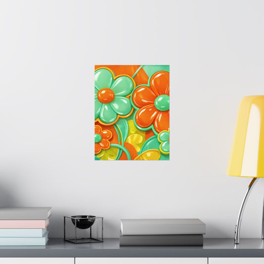 Retro Orange Teal Flower Pattern Poster | Satin Poster
