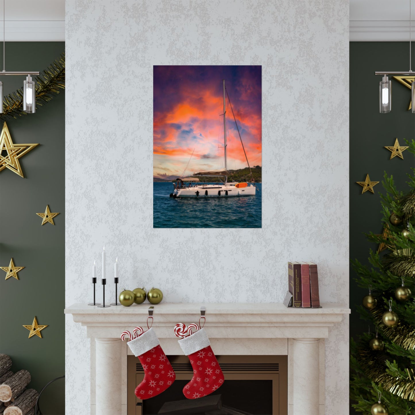 Luxury Yacht Sunset Poster, Mediterranean Sailing Wall Art, Vibrant Orange Sky Seascape, Nautical Home Decor, Modern Sailboat Print
