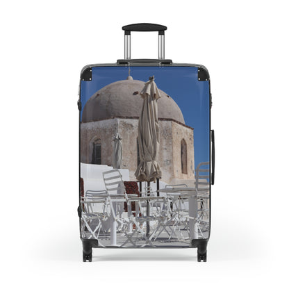 Luxury Santorini Oia Suitcase — Ghost City Edition — Empty Cafe & Ancient Dome Photography