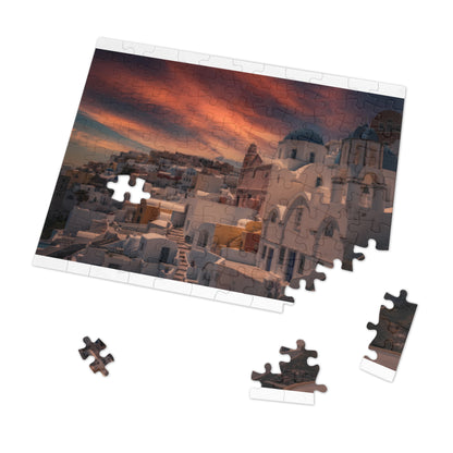 Santorini Sunset Jigsaw Puzzle, Oia Greece Blue Dome Game, Dreamy Mediterranean Sky Art, Greek Island Travel Gift, Aesthetic Scenic Puzzle