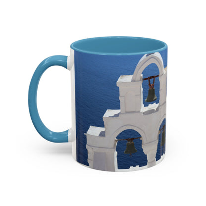 Santorini Bell Towers coffee mug | Greek island scene, blue sea accent mug